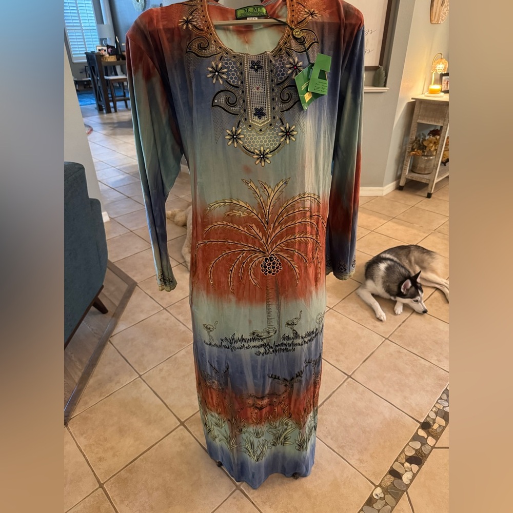 Boho Tie-Die Maxi Dress Kaftan Caftan Palm Tree Scene M.M. Brand Size M Upscale